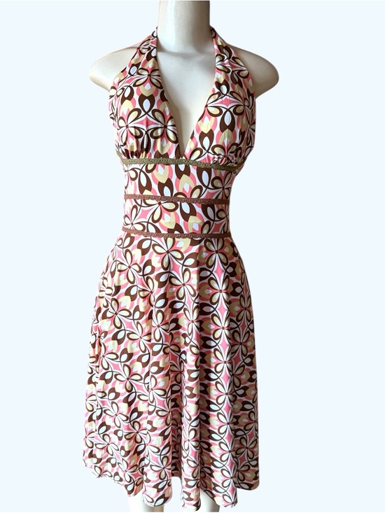 Alyn Paige Dresses & Skirts - Vintage Alyn Paige Brown yellow funky Halter dress lace babydoll deadstock